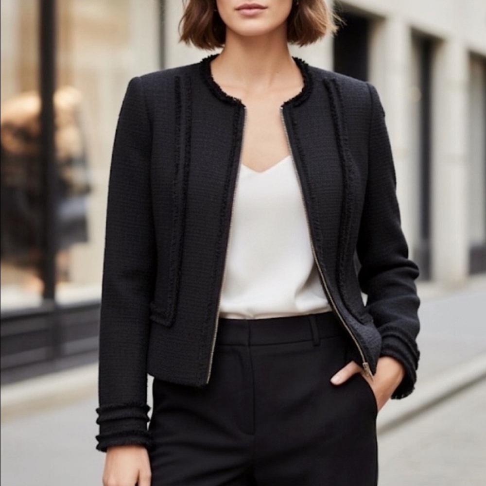 KARL LAGERFELD Paris Tweed Jacket Black Fringe Zip Blazer 12 Chic Work Cocktail
